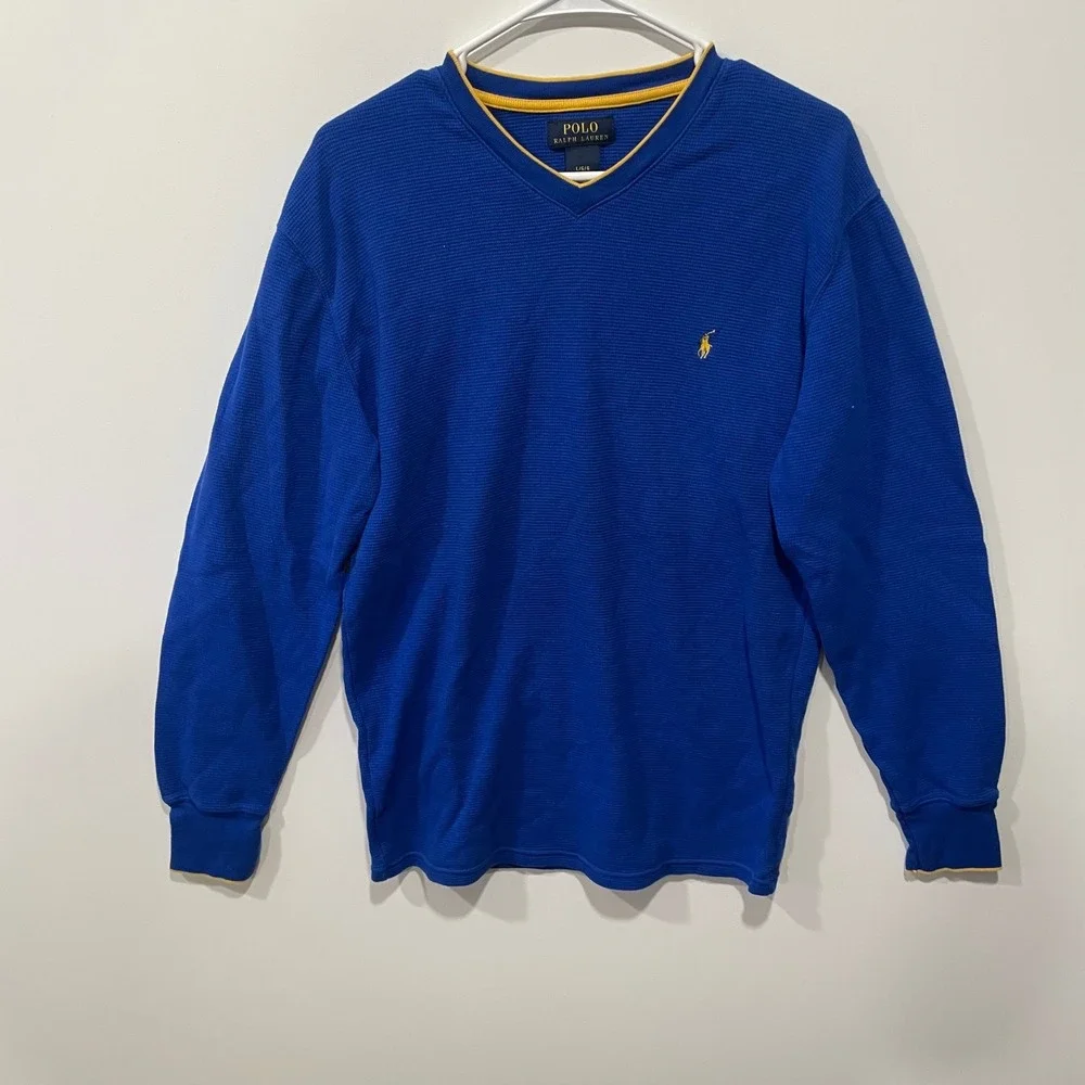 Polo Ralph‎ Lauren Men's Blue Waffle Knit V-Neck Long Sleeve Shirt Size L